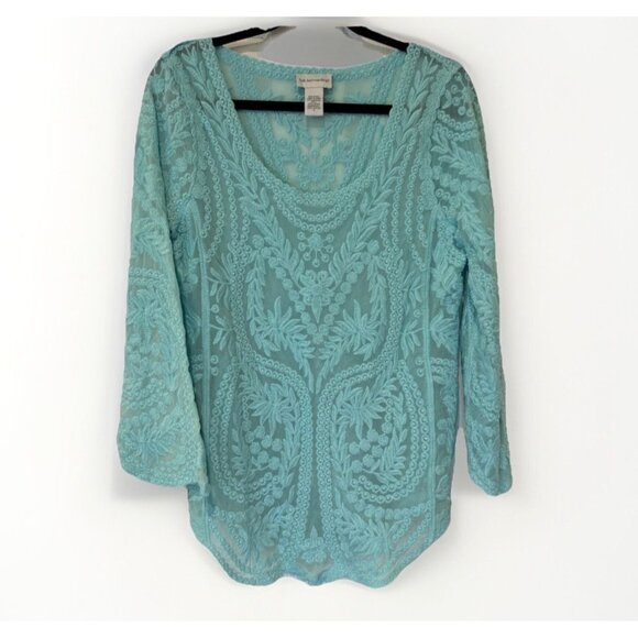 Soft Surroundings‎ Embroidered Floral Lace Sheer Top Blouse Aqua Blue Medium - Picture 1 of 8
